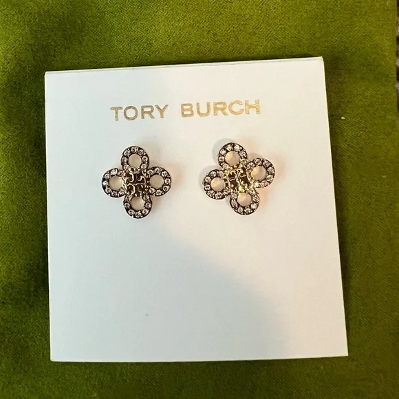 Tory Burch Small Kira Clover Pave stud earrings w/Tory Branded Velvet Pouch - Picture 3 of 5